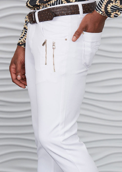 White Silver Vertical Zipper Pants