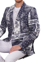 White Blue Bandana Print Blazer