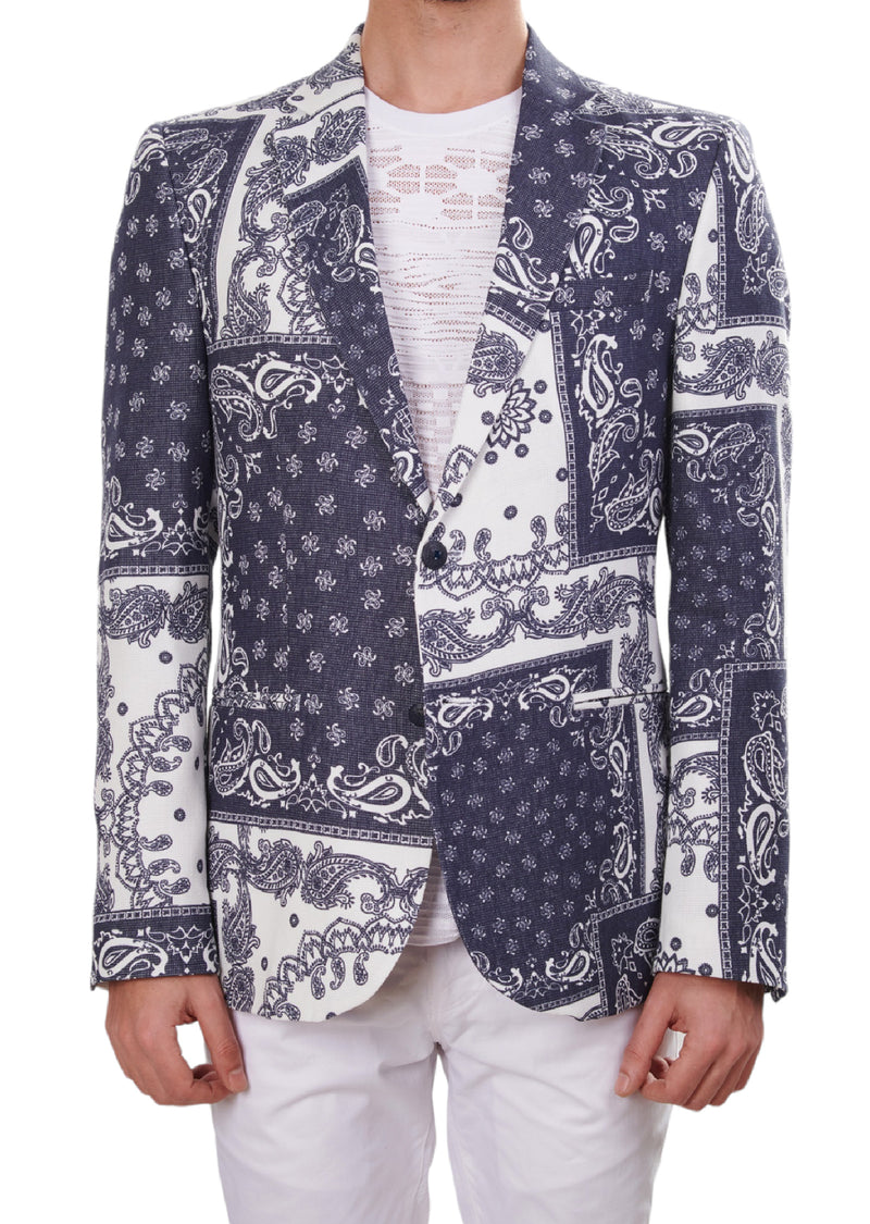 White Blue Bandana Print Blazer