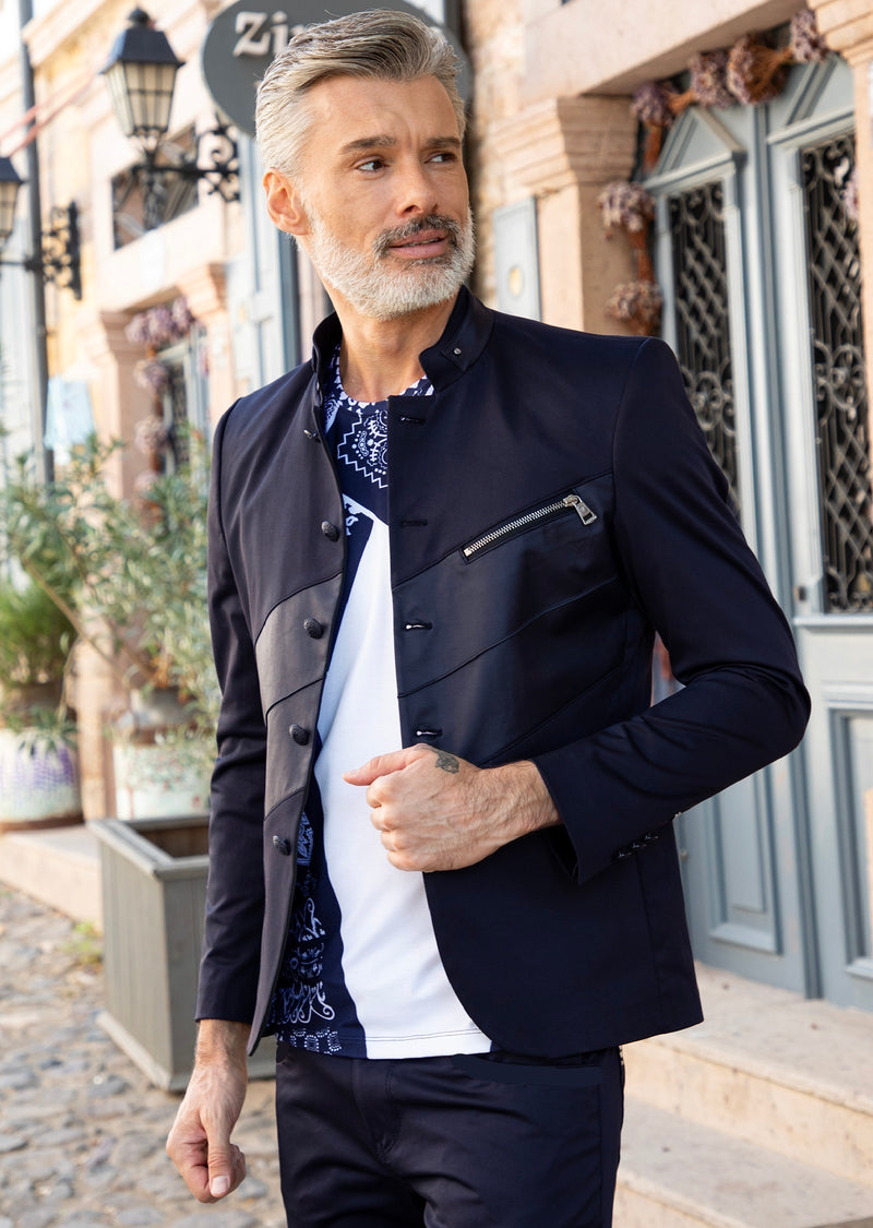 Navy Mandarin Collar Zipper 2-Pcs Suit – MONDO Menswear