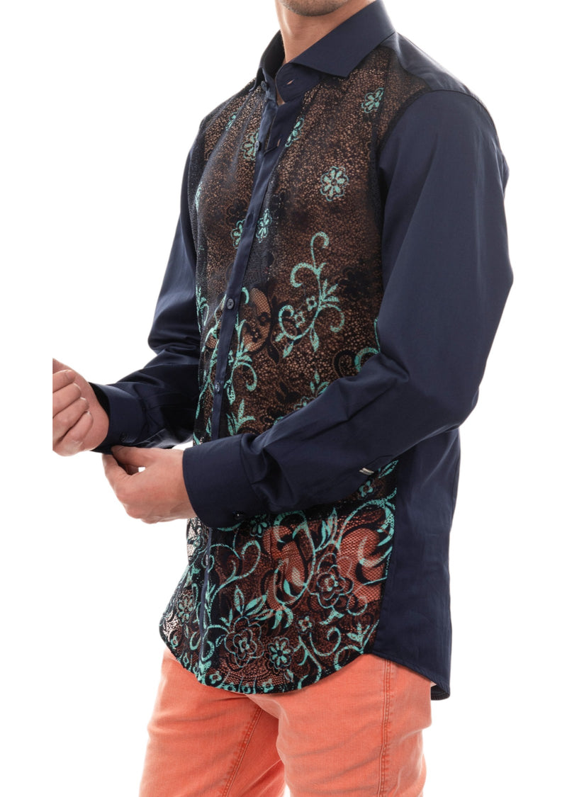Navy Turqouise Floral Lace Shirt