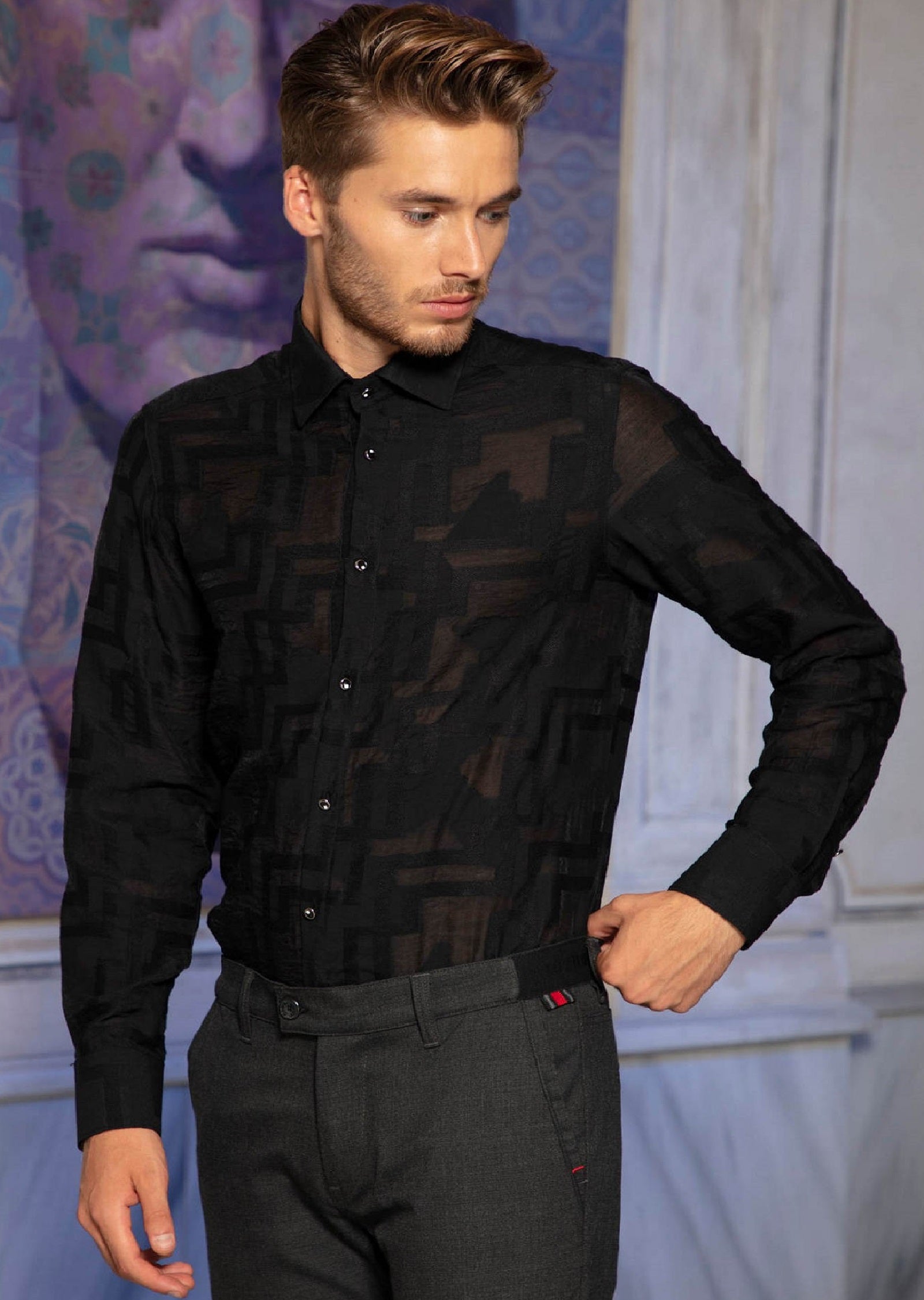 sheer black dress shirt Sheer Collar Shirt For Men in Black, Black / Xxl