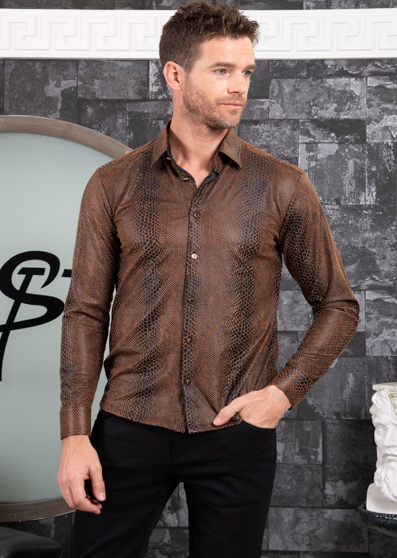Brown Alligator Suede Print Shirt