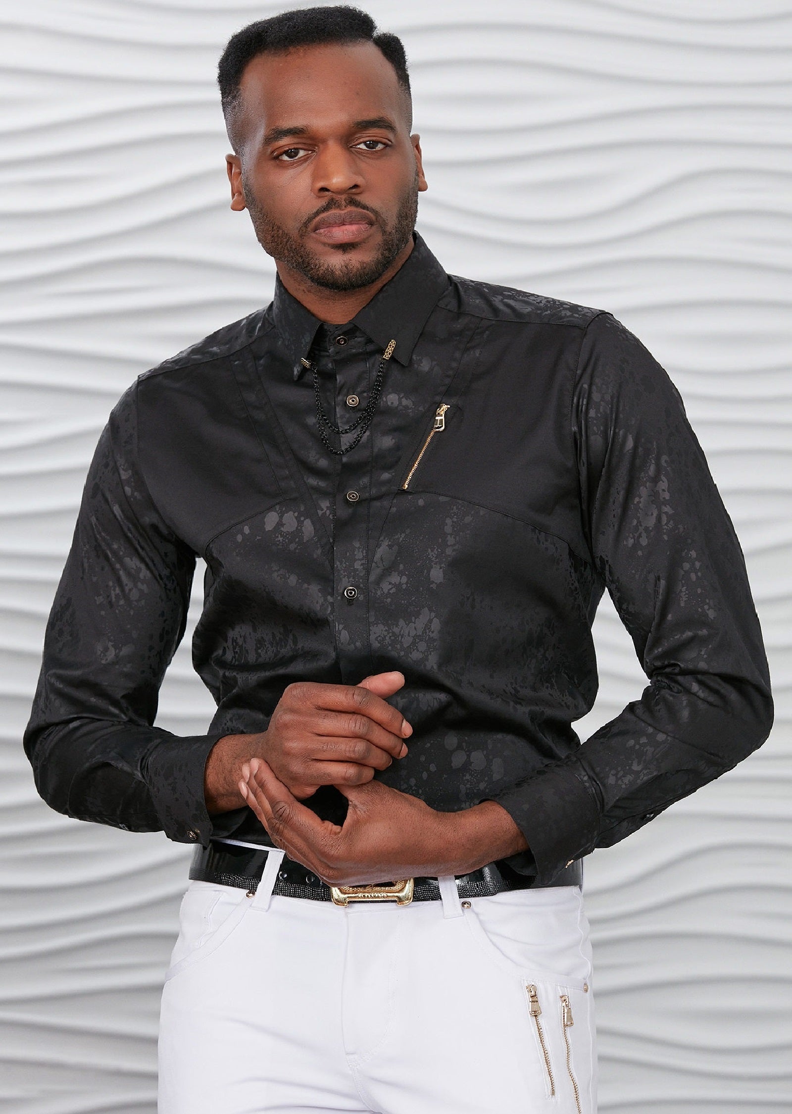 Black Splash Print Gold Zipper Shirt M / Black / COTTON