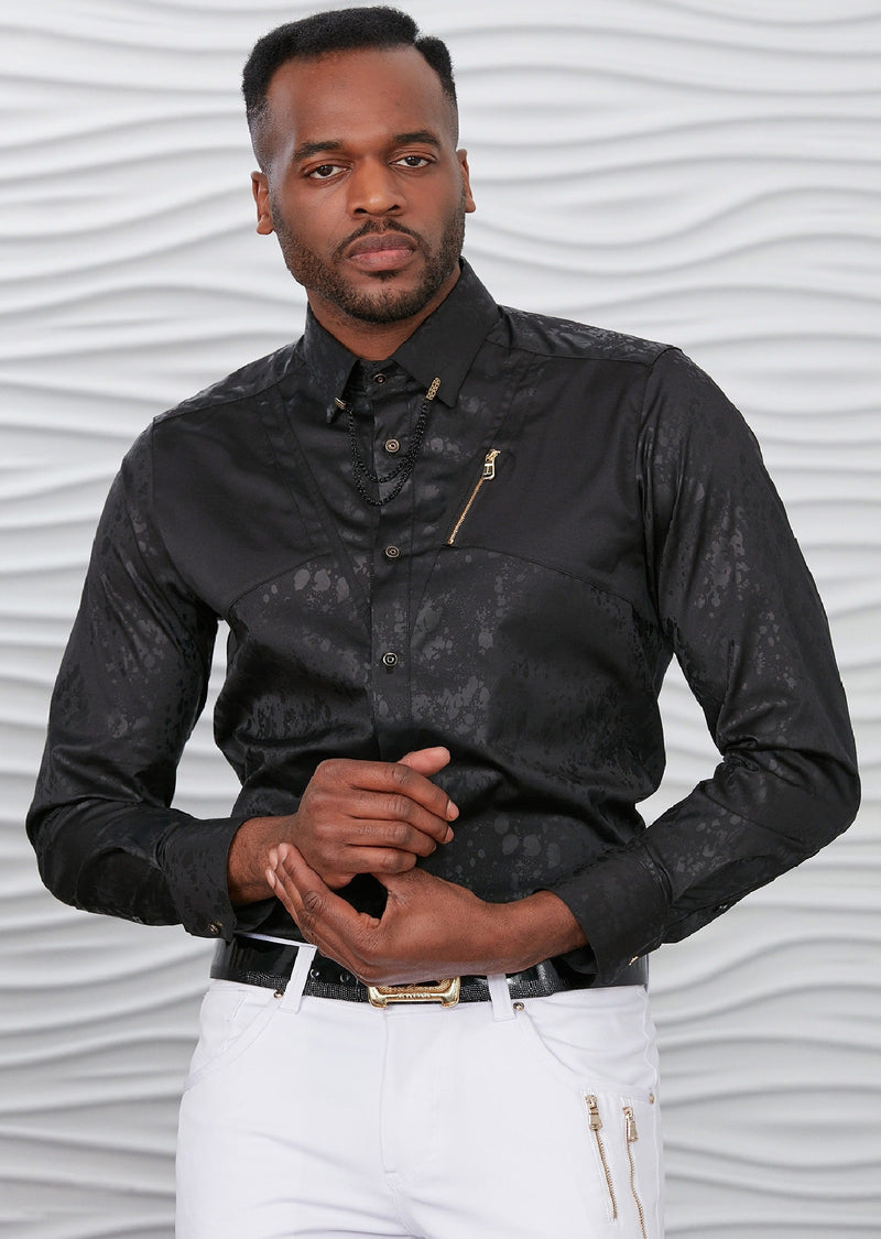 Black Splash Print Gold Zipper Shirt M / Black / COTTON Black Splash Print Gold Zipper Shirt M / Black / COTTON