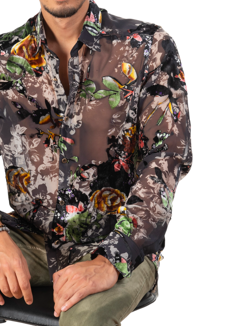 Green Floral Sheer Velvet Shirt
