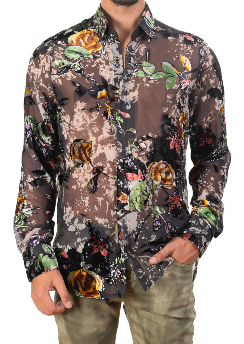 Green Floral Sheer Velvet Shirt