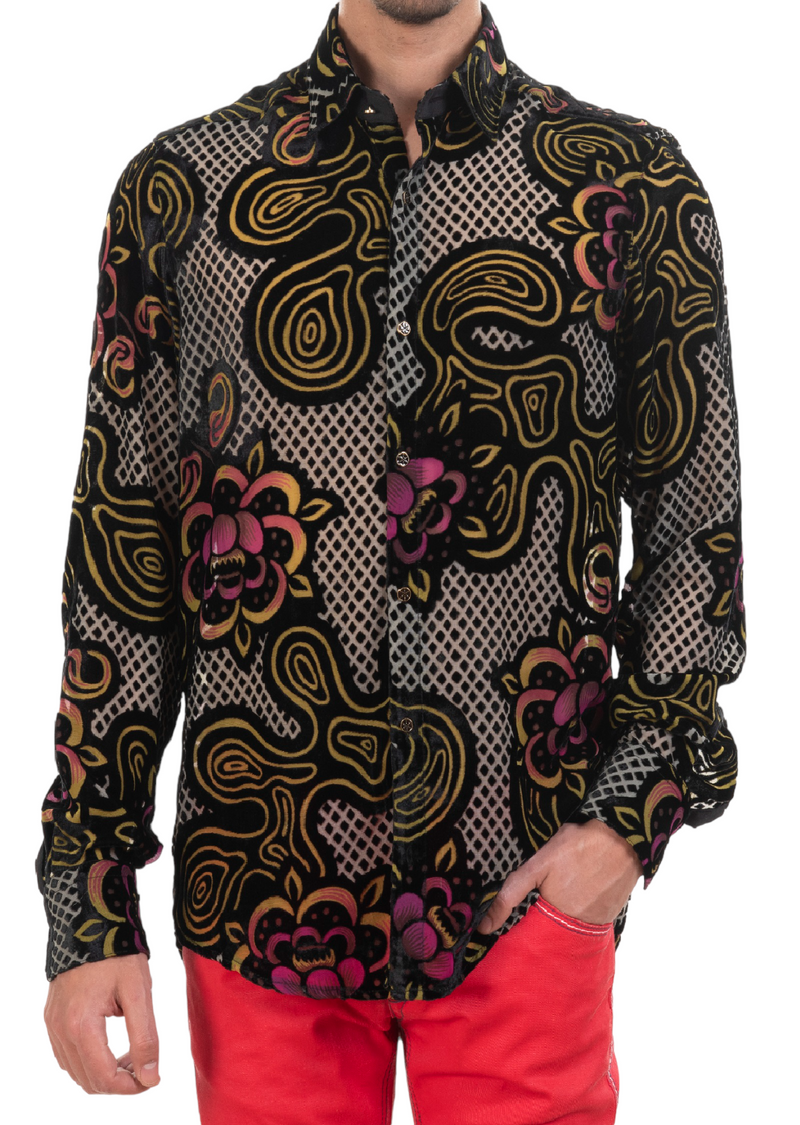 Black Gold Diamond Floral Velvet Shirt MONDO Menswear Black Gold Diamond Floral Velvet Shirt MONDO Menswear