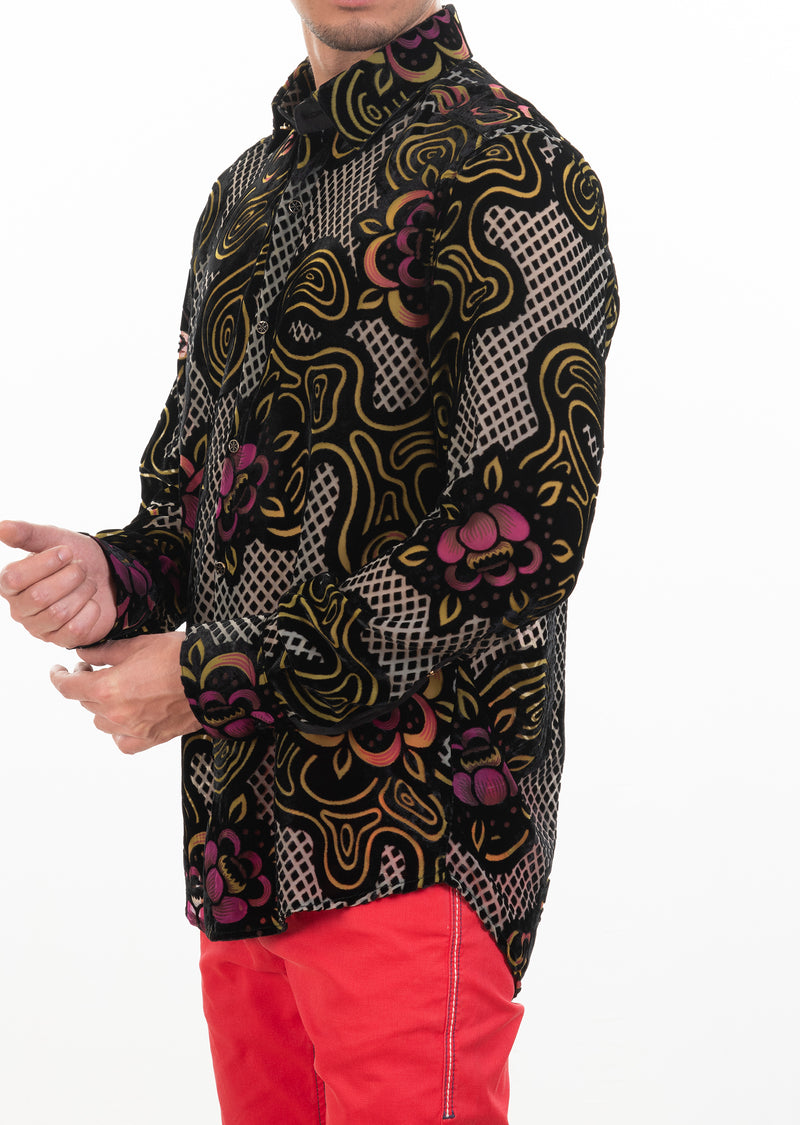 Black Gold Diamond Floral Velvet Shirt