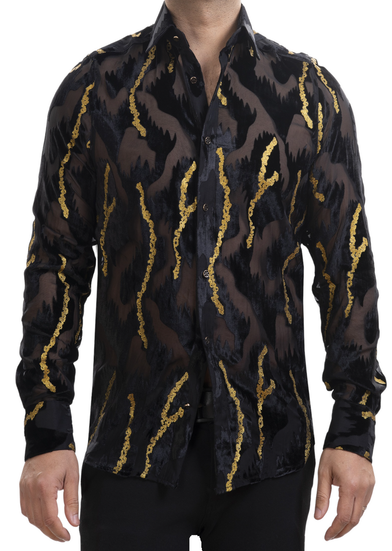 Black Gold Foil Velvet Sheer Shirt