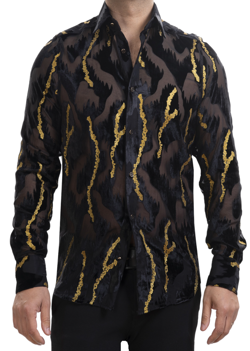 Black Gold Foil Velvet Sheer Shirt XXL / Black / COTTON/VISCOSE Black Gold Foil Velvet Sheer Shirt XXL / Black / COTTON/VISCOSE