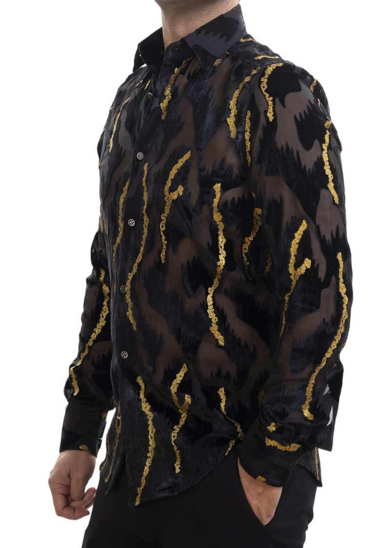 Black Gold Foil Velvet Sheer Shirt XXL / Black / COTTON/VISCOSE Black Gold Foil Velvet Sheer Shirt XXL / Black / COTTON/VISCOSE
