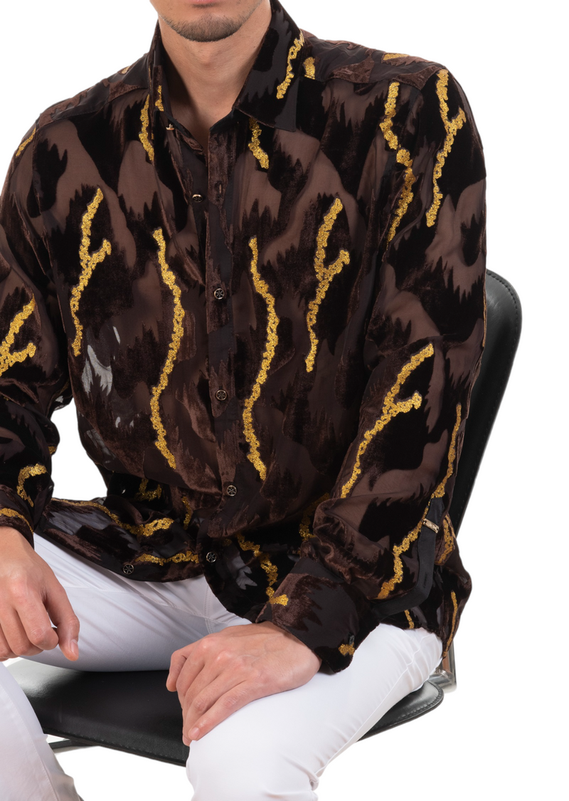 Brown Gold Foil Velvet Sheer Shirt MONDO Menswear