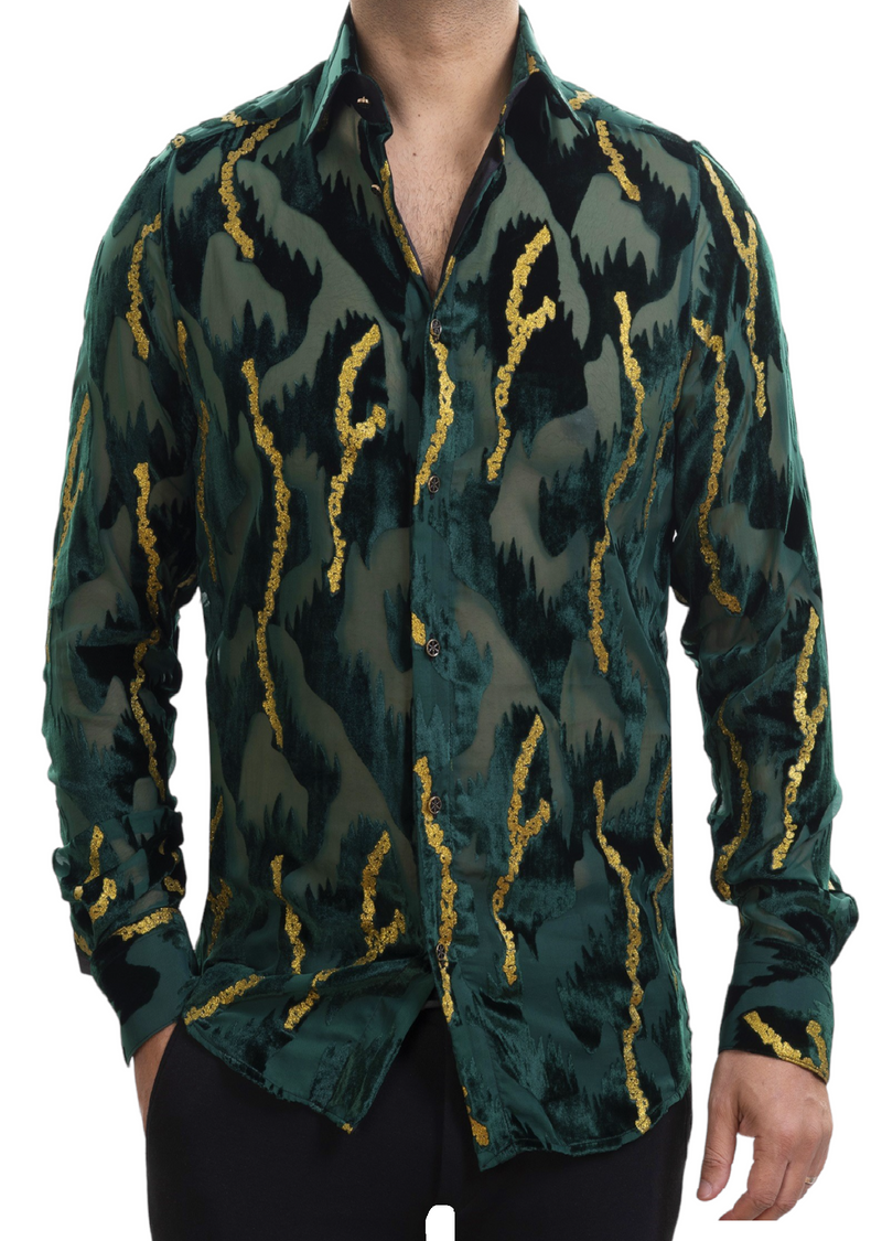 Green Gold Foil Velvet Sheer Shirt Green Gold Foil Velvet Sheer Shirt