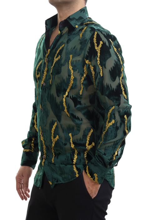 Green Gold Foil Velvet Sheer Shirt