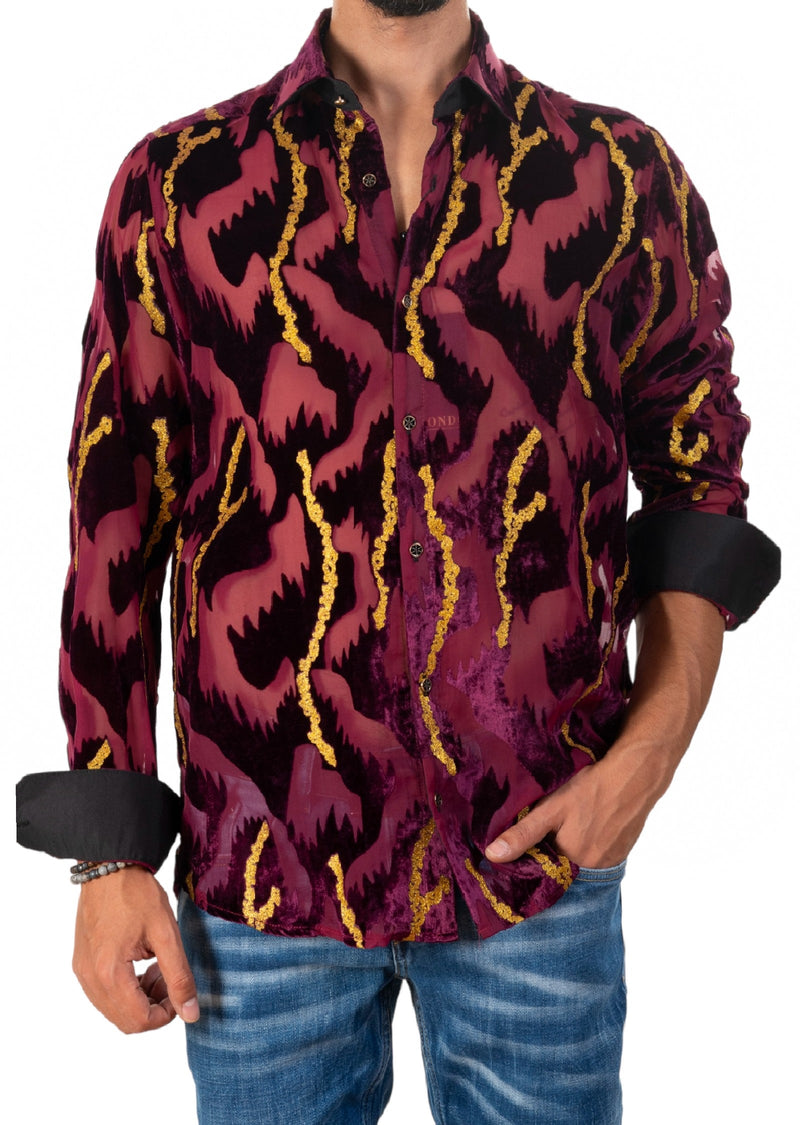 Burgundy Gold Foil Velvet Sheer Shirt