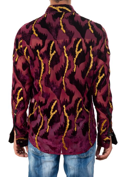 Burgundy Gold Foil Velvet Sheer Shirt