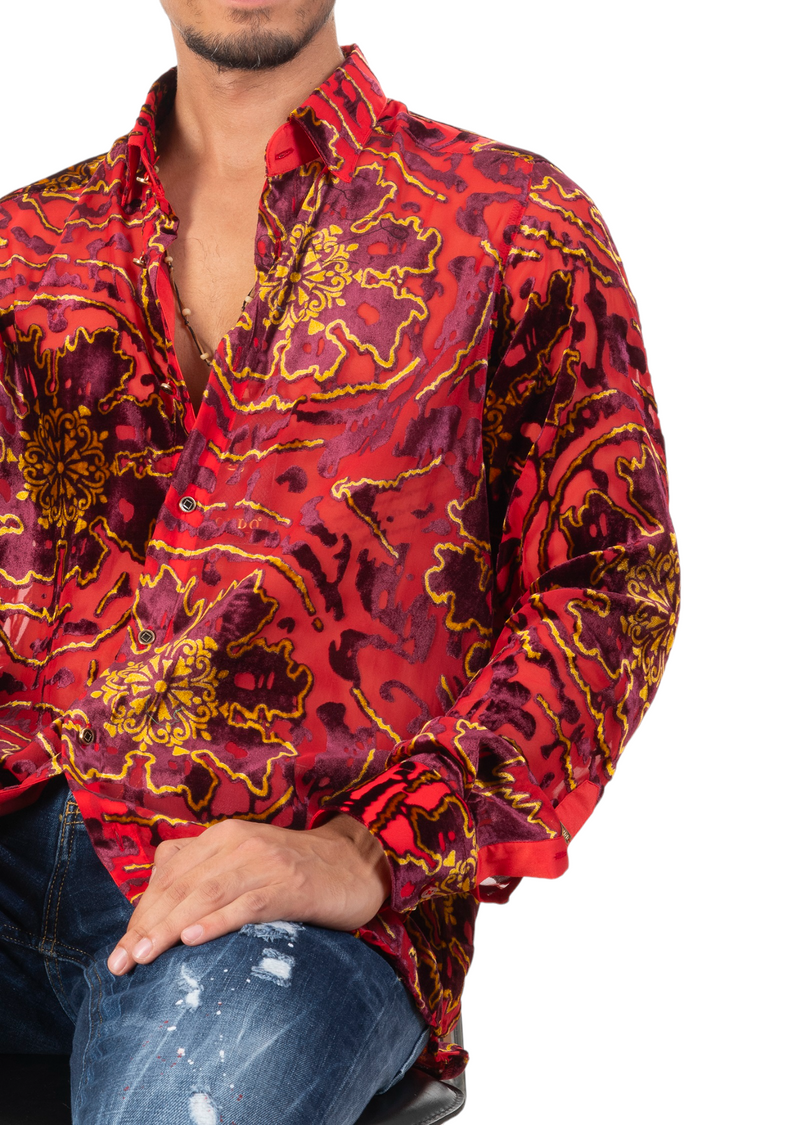 red velvet dress shirt Baroque Mixed Pattern Velvet Texture Long Sleeve Dress Shirt RED RED / LG