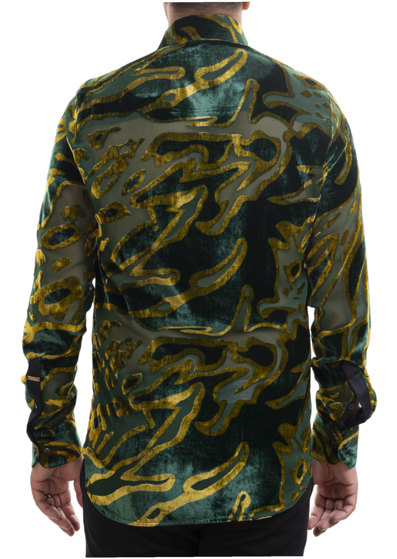 Green Gold Abstract Velvet Shirt XXL / Green / COTTON/VISCOSE Green Gold Abstract Velvet Shirt XXL / Green / COTTON/VISCOSE
