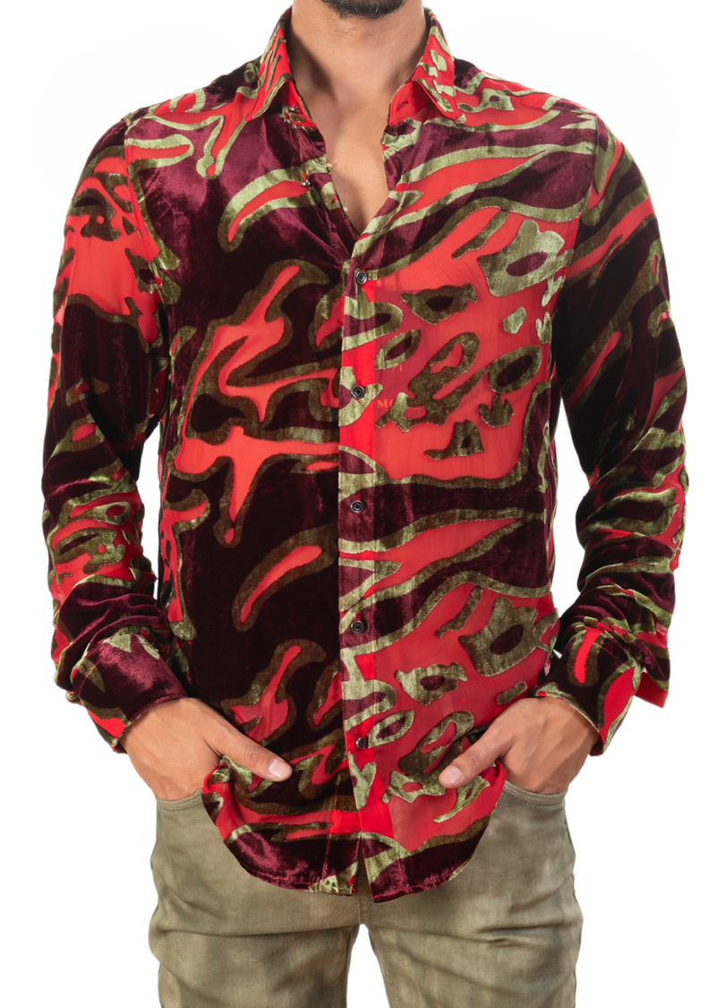 Burgundy Gold Abstract Velvet Shirt