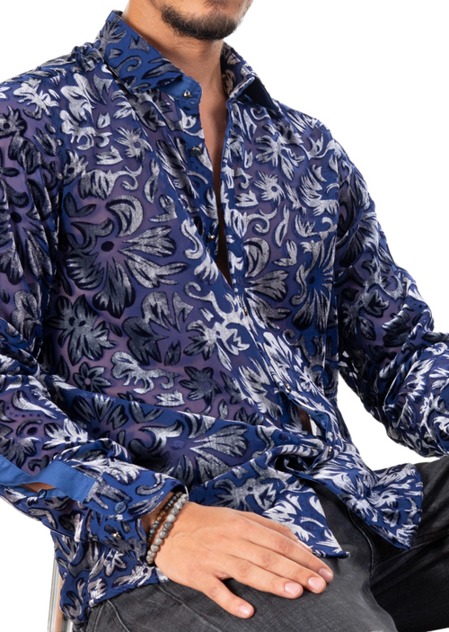 Blue Floral Burnout Velvet Shirt