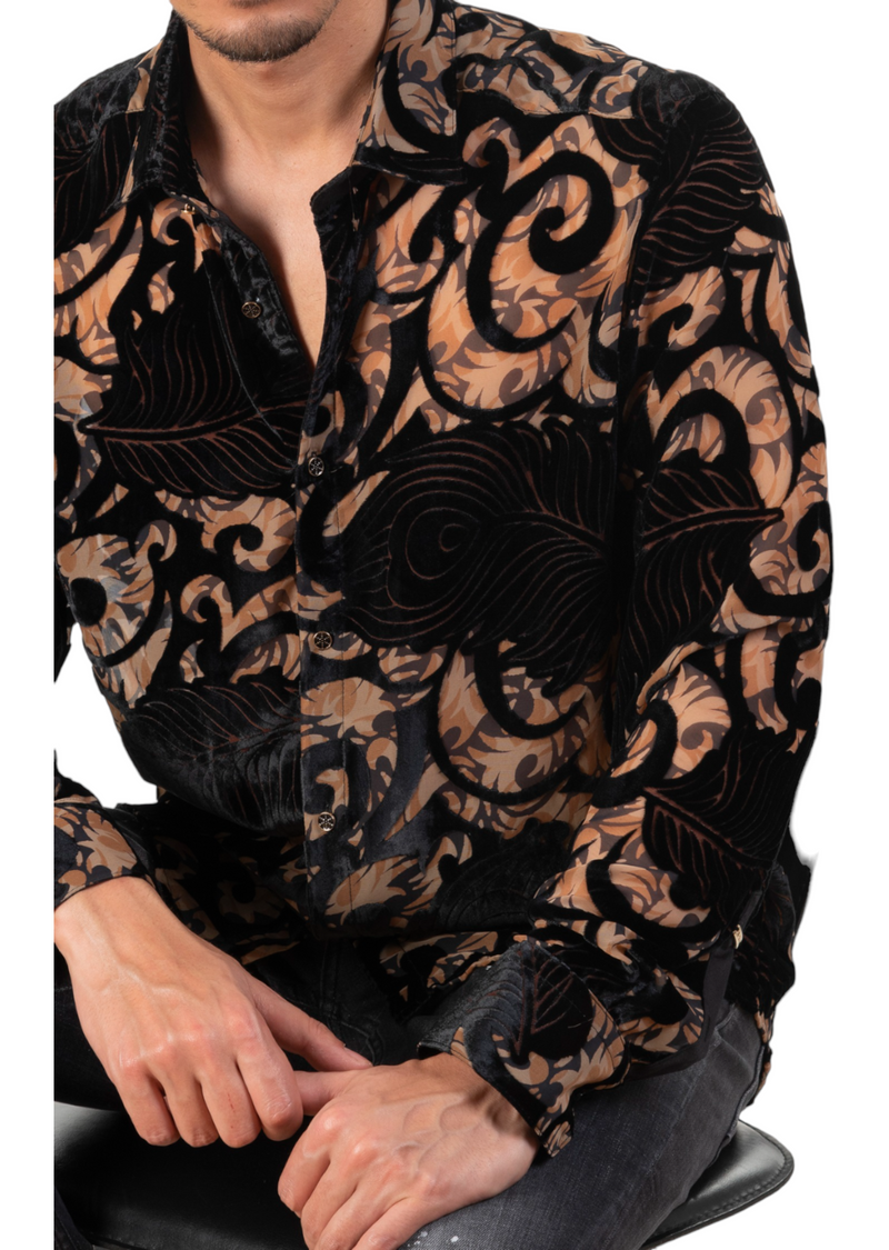 Black Baroque Leaf Velvet Shirt