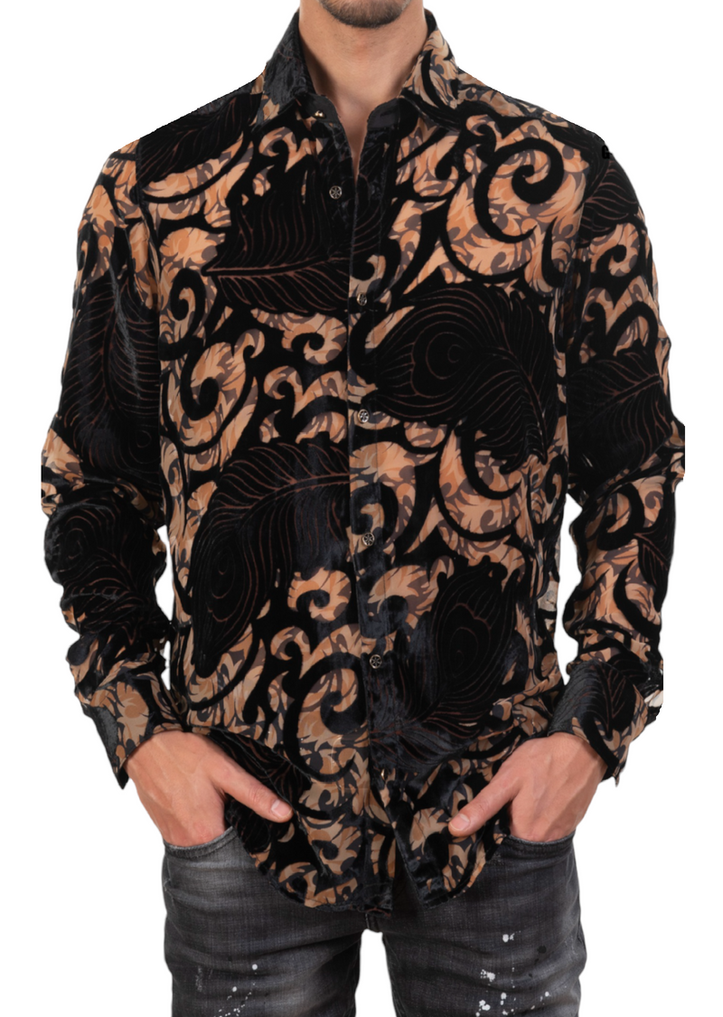 Black Baroque Leaf Velvet Shirt