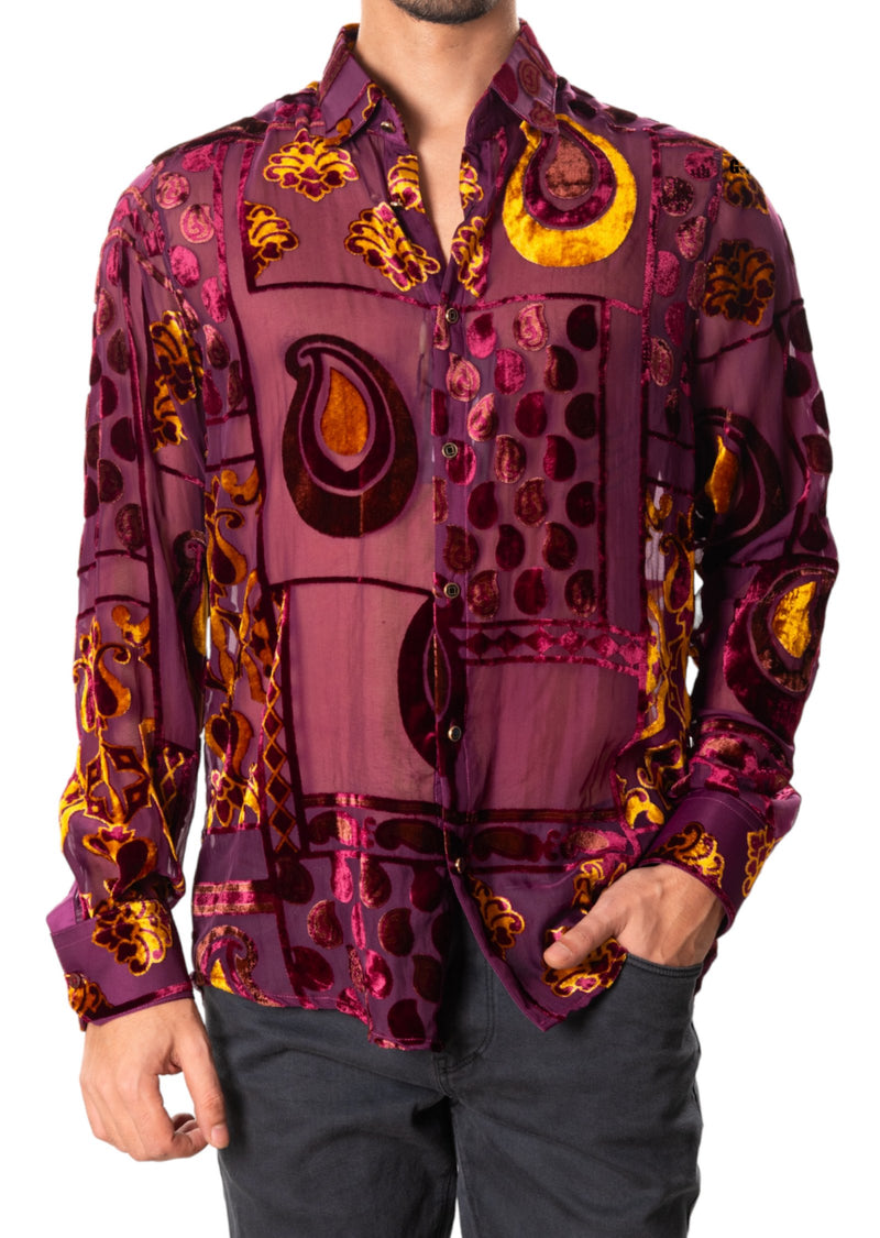 Burgundy Gold Baroque Velvet Shirt XXL / Burgundy / Cotton/Viscose Burgundy Gold Baroque Velvet Shirt XXL / Burgundy / Cotton/Viscose