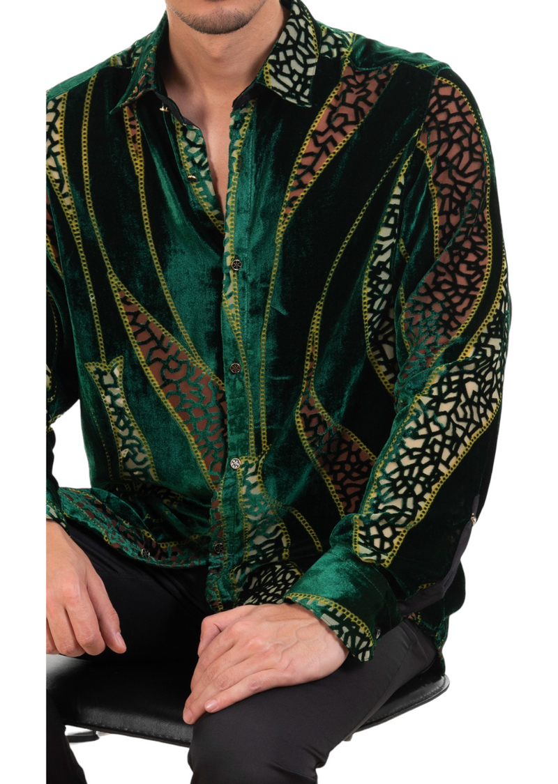 Green Mosaic Wave Velvet Shirt MONDO Menswear Green Mosaic Wave Velvet Shirt MONDO Menswear