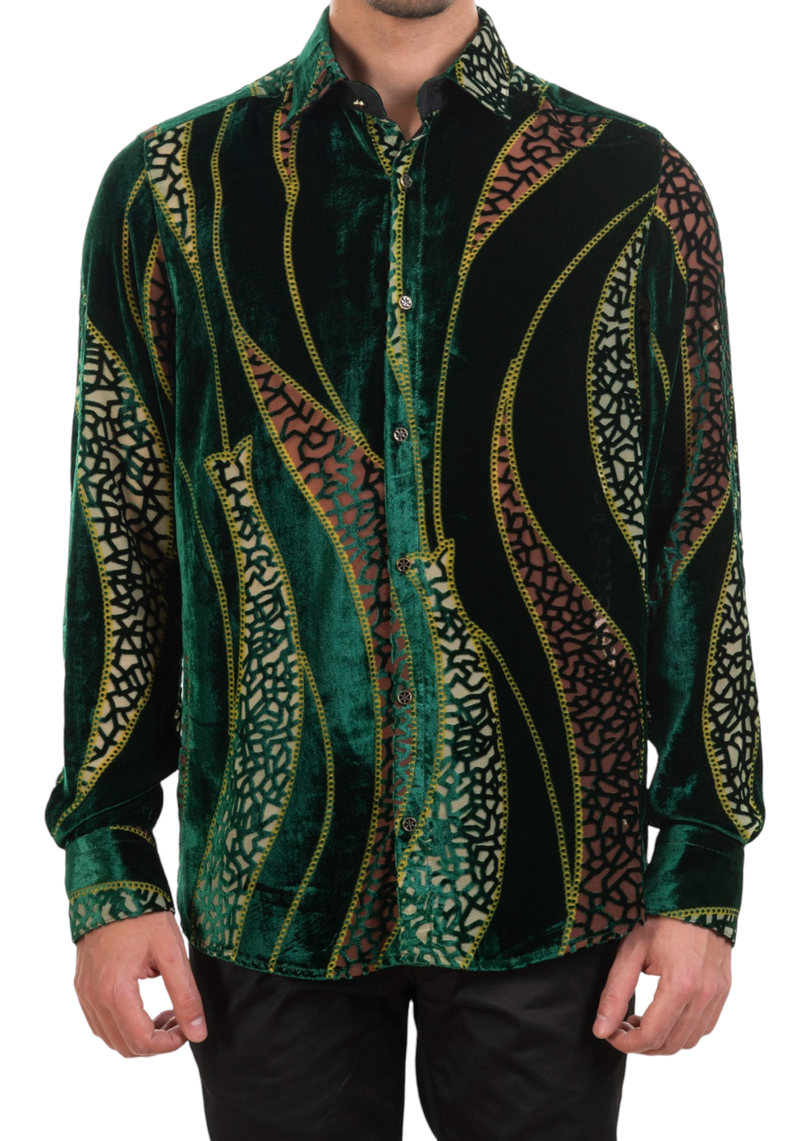 【NONCODE】Mondini Velvet See-Through Unbalanced T-shirt Green Mosaic Wave Velvet Shirt – MONDO Menswear