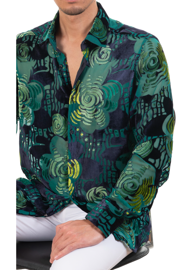 Green Black Floral Velvet Shirt