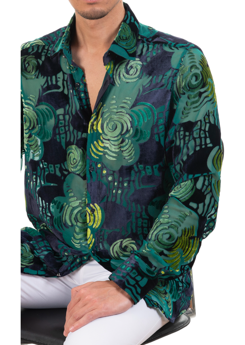 Green Black Floral Velvet Shirt Green Black Floral Velvet Shirt