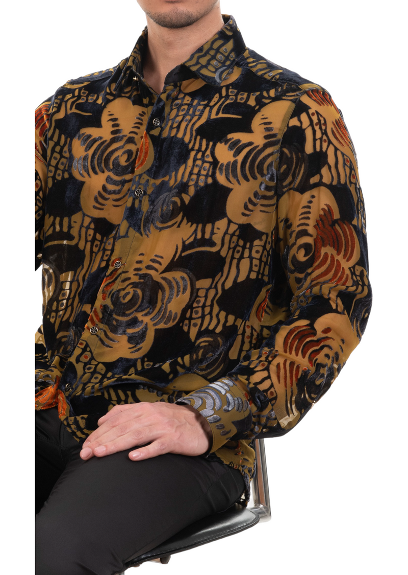 Brown Orange Floral Velvet Shirt