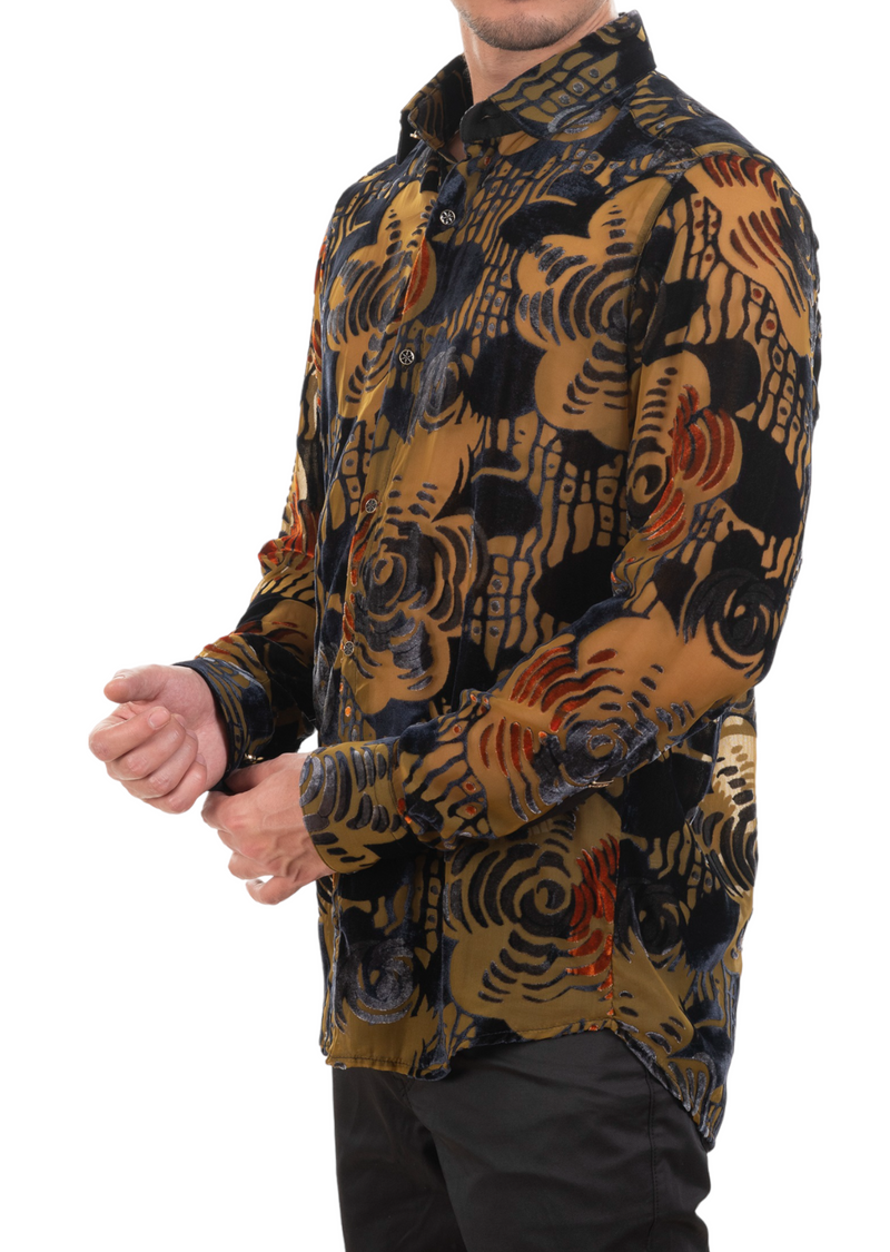 Brown Orange Floral Velvet Shirt