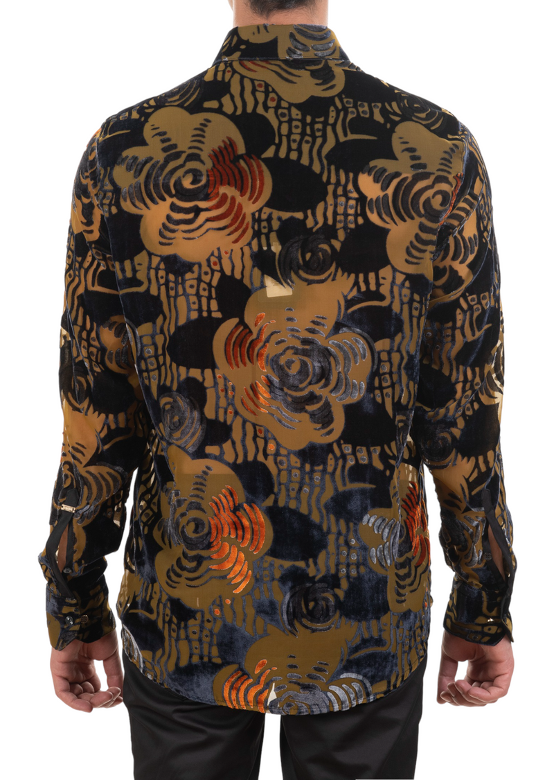 Brown Orange Floral Velvet Shirt