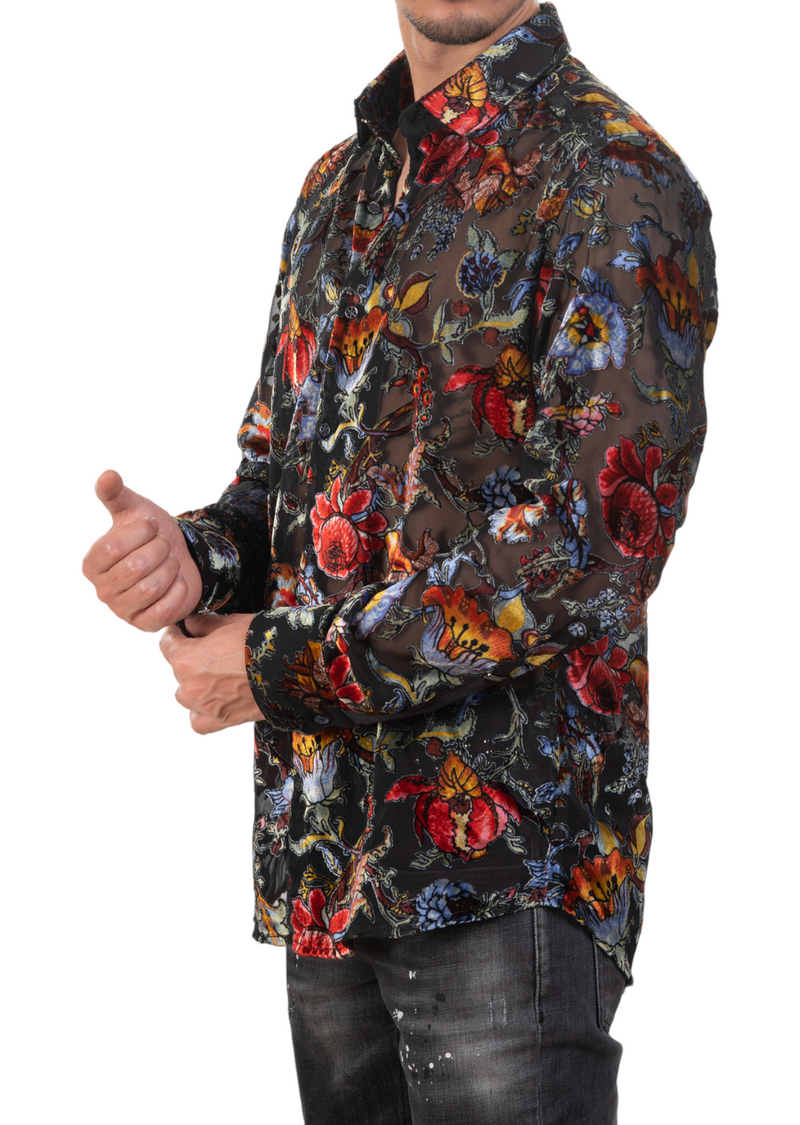 Black Red Blue Floral Velvet Shirt