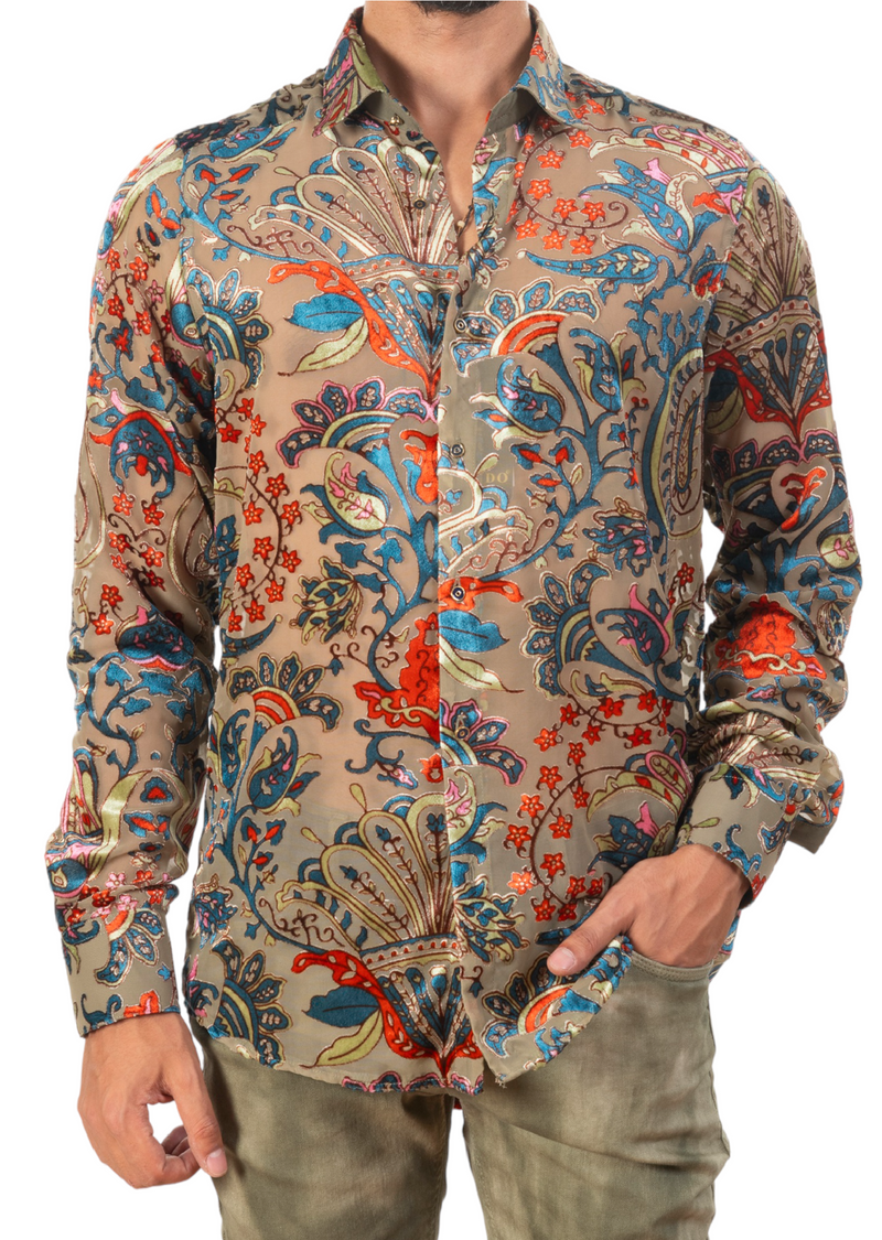 Beige Paisley Velvet Sheer Shirt