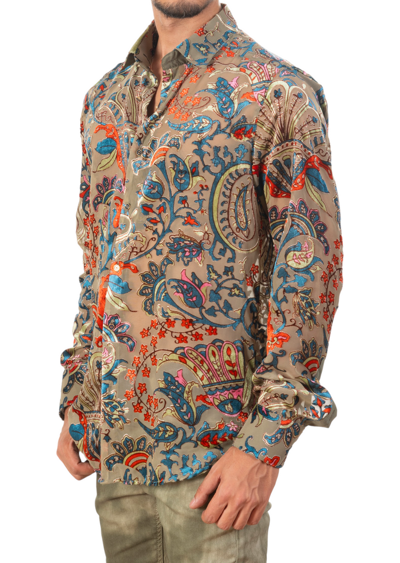 Beige Paisley Velvet Sheer Shirt