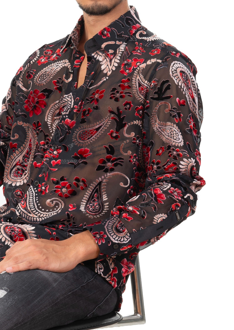 Red Paisley Velvet Sheer Shirt