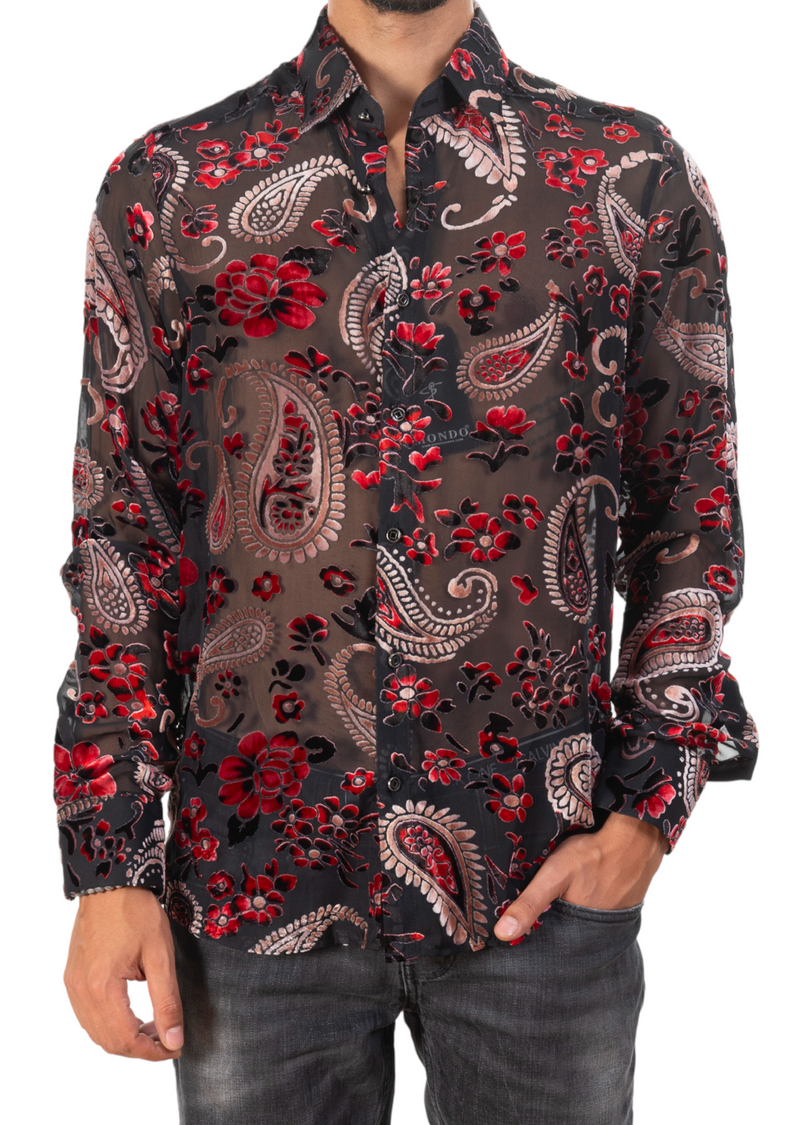 Red Paisley Velvet Sheer Shirt