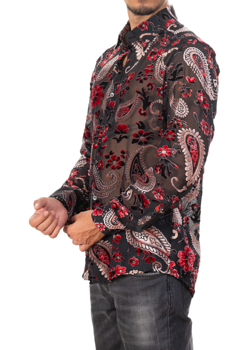 Red Paisley Velvet Sheer Shirt