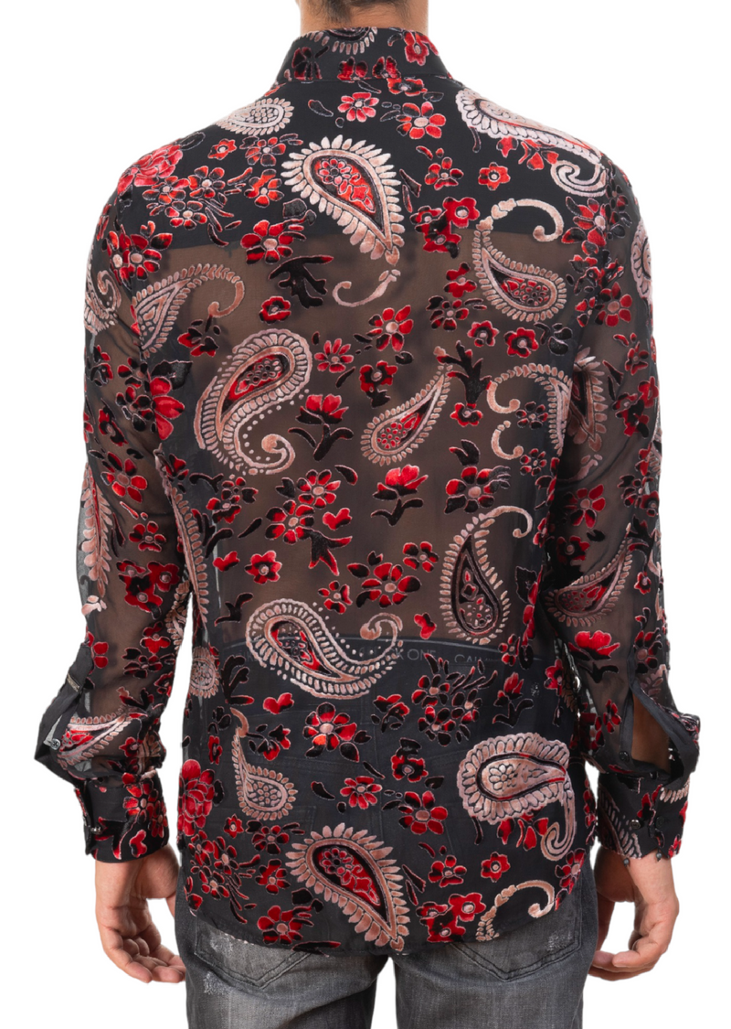 Red Paisley Velvet Sheer Shirt