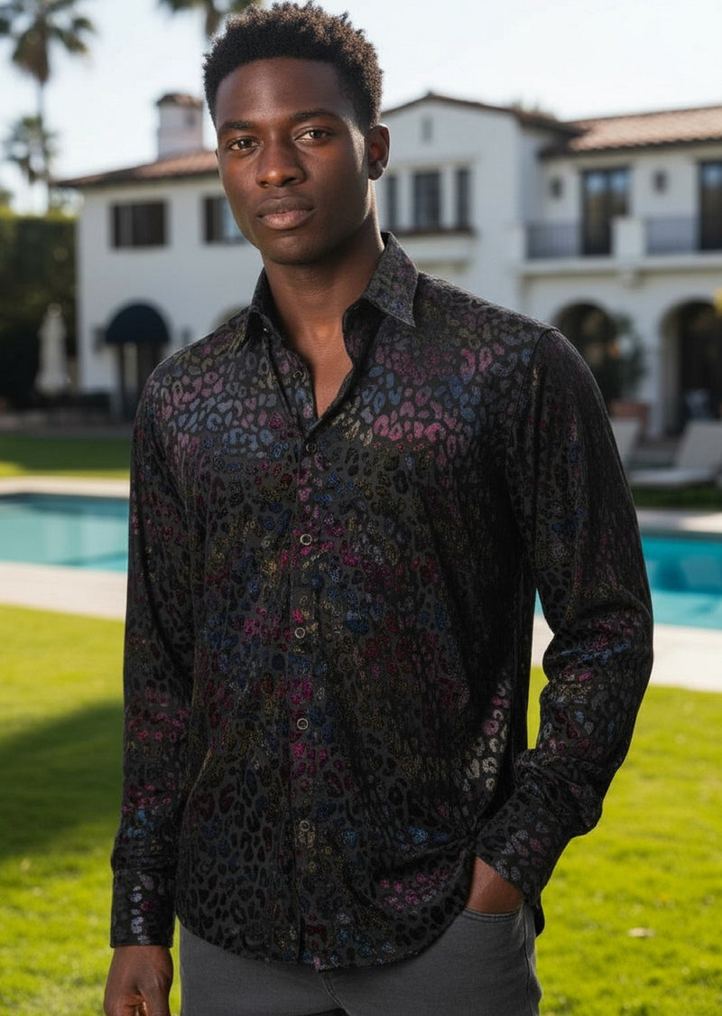 （美品）ROLL Leopard Combination Velor Shirt Black Multicolor Leopard Velvet Shirt – MONDO Menswear