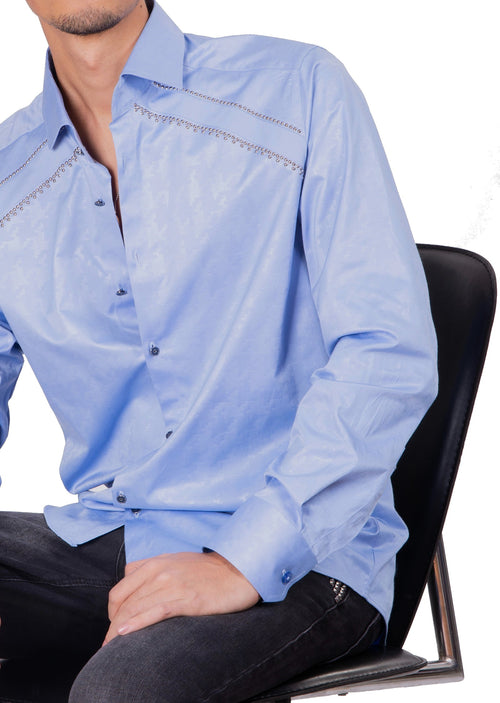 Blue Houndstooth Print Studded Shirt