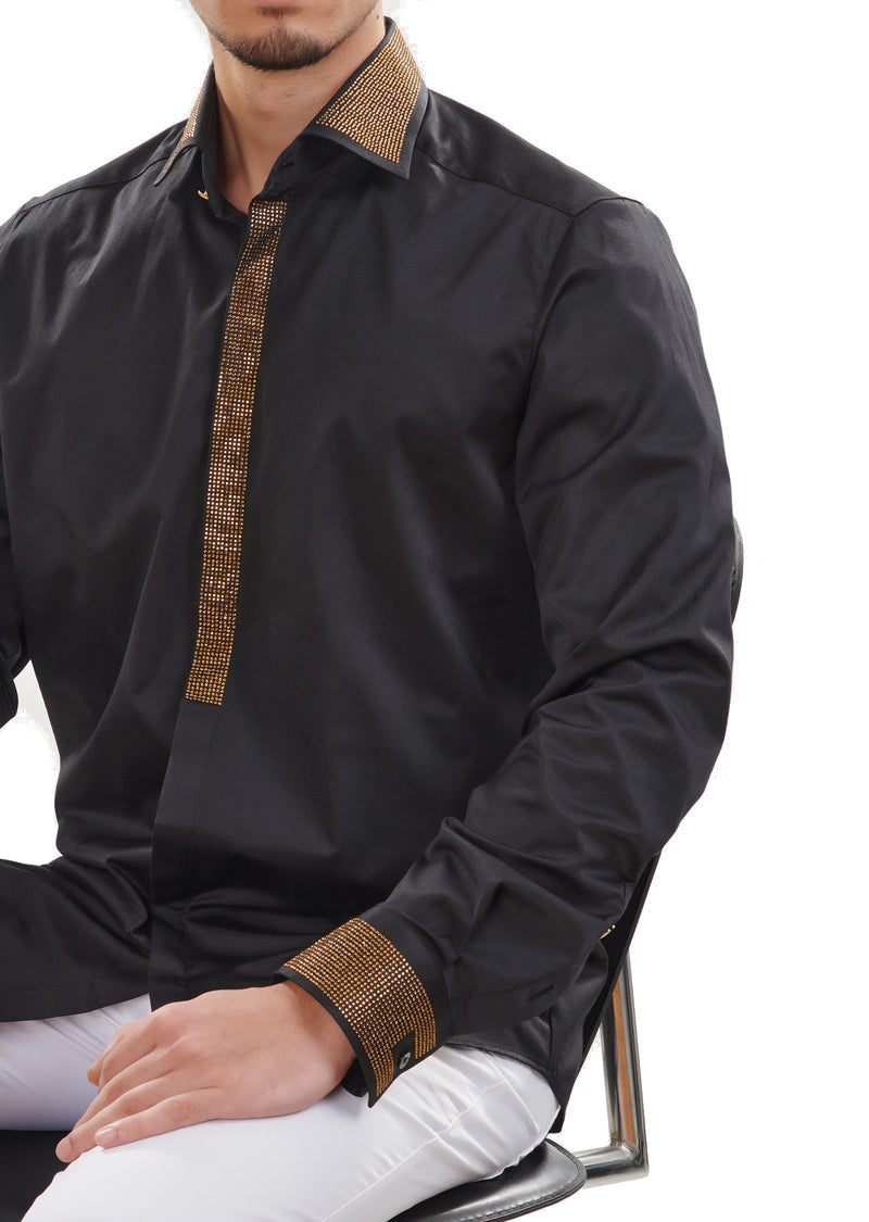 Black Gold Panel Rhinestone Shirt M / Black / COTTON