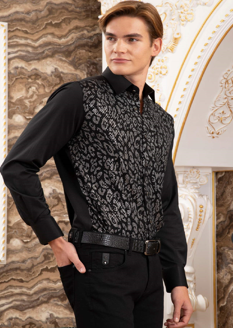 Black Silver Leopard Sequin Shirt