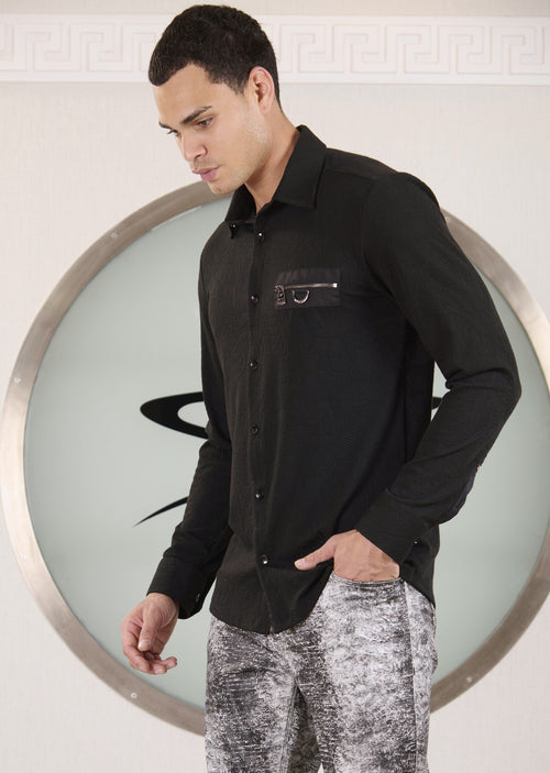 Black Emboss Zipper Knit Shirt