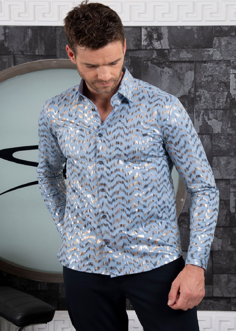 Blue Silver Wave Foil Knit Shirt