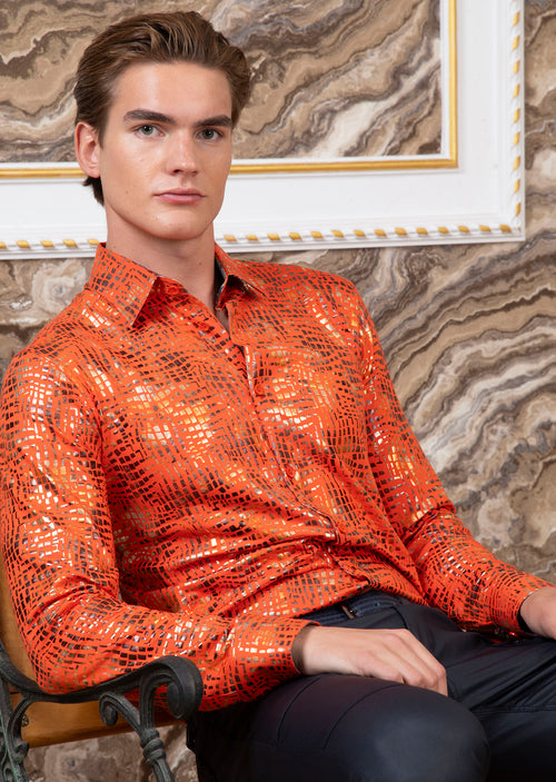 Orange Gold Marble Foil Knit Shirt