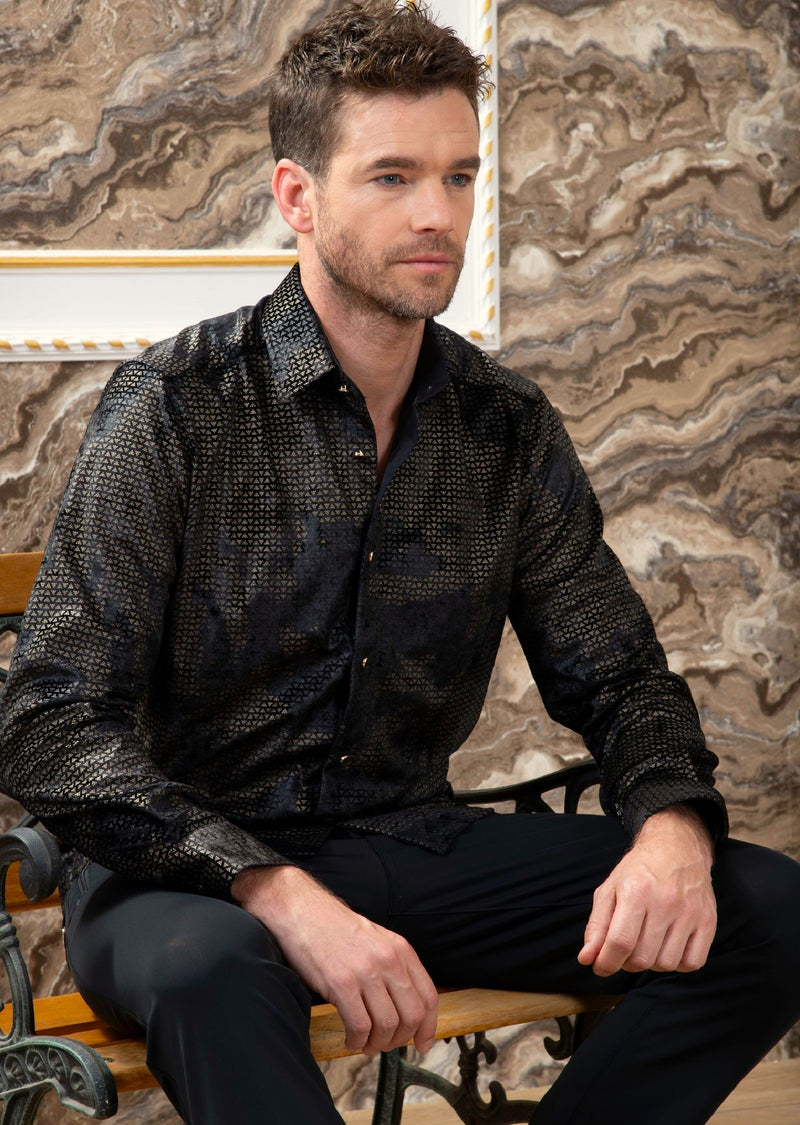 black dress shirt with gold collar Black Dress Shirt With Gold Paisley Accent 2XL